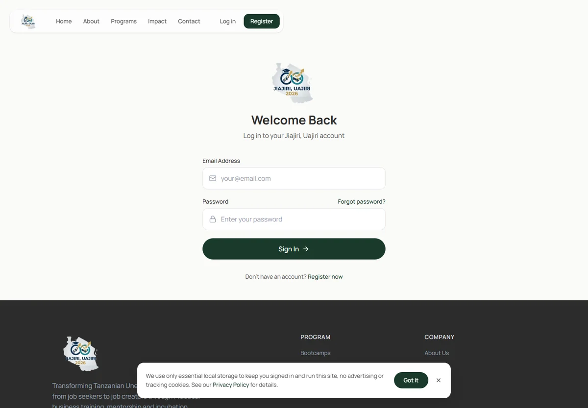 Jiajiri Uajiri Digital System sign-in page